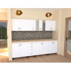 Bucatarie Alfa 2.6 metri PAL alb cu blat Travertin